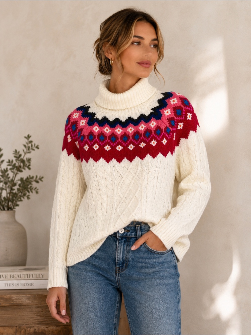 LOFT Fair Isle Cable Knit Turtleneck Sweater Cream Nordic Size Medium